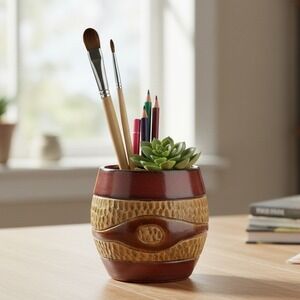 Signed Studio Art Pottery Brown Tan Textured Glazed Vase Bowl Planter Decor 4 In